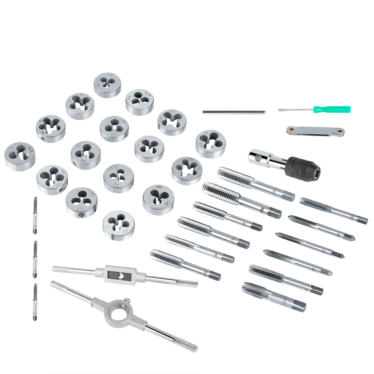 40-teiliges Gewindebohrer-Gewindebohrer-Set mit Gewindebohrer M3-M12, Gewindebohrer und Matrizenset mit Schraubenschlüsseln und Gewindelehre, robuste Handwerkzeuge