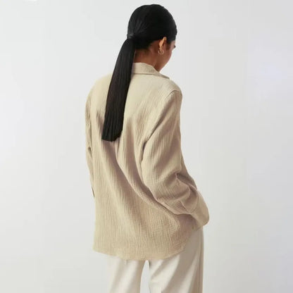 Muslin 100% Cotton Gauze Crepe For Women Shirts Blouse Turn Down Long Sleeve Single-Breasted Office Lady Loose Top Blusas Mujer