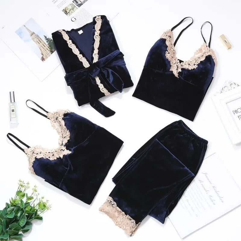 Autumn Velvet Women 4PCS Pajamas Set Sleepwear Burgundy Velour Bathrobe Nightwear Lace Patchwork Pijamas Suit Sexy Negligee.