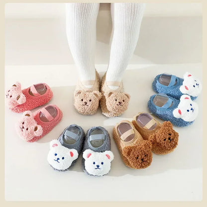 Warm Newborn First Walker for Boy Girl Cartoon Animal Bear Indoor Non-slip Floor Shoes Winter Fury Plush Floor Shoes