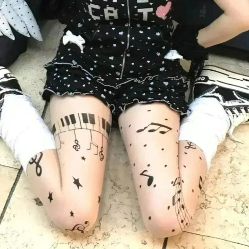 Women Personalized Stocking Gothic Music Notes Print Tights Thin High Elasticity Black Skin Leggings Spicy Girls Y2K Hosiery