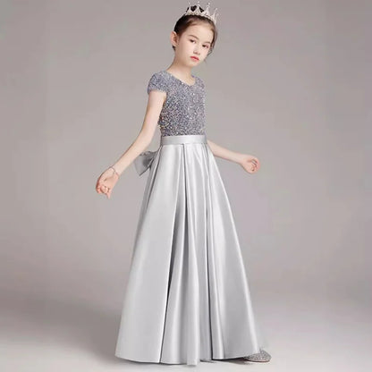 Mädchen-Klavierkleid, graues Pailletten-langes Performance-Kleid, Prinzessinnenkleid, Kinder-Host-Show-Performance-Kleid, Sommer.