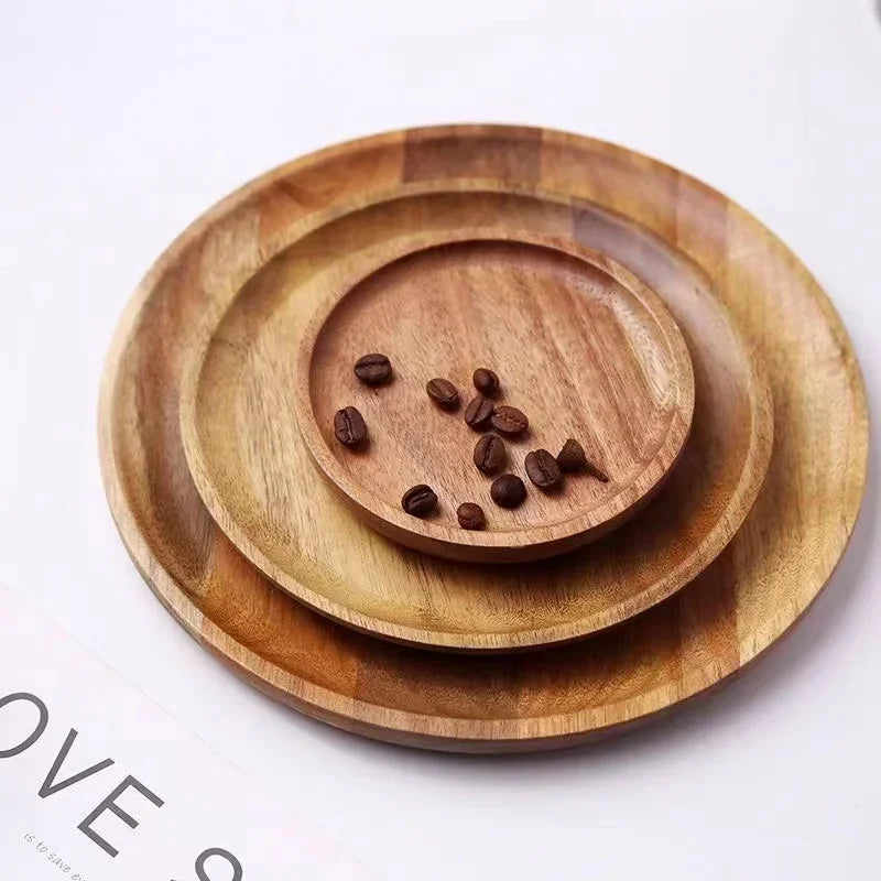 15/20/25cm Wooden Round Serving Platter Tray Retro Wood Pizza Salad Plate Fruit Dessert Tray Bread Cake Container Snacks Dish.