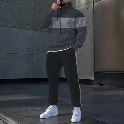 Simple Stripe Print Men's Hoodies Sets Autumn Winter Casual Sweatshirt Pants 2 Piece Fashion Tracksuits Outdoor Street Clothing.