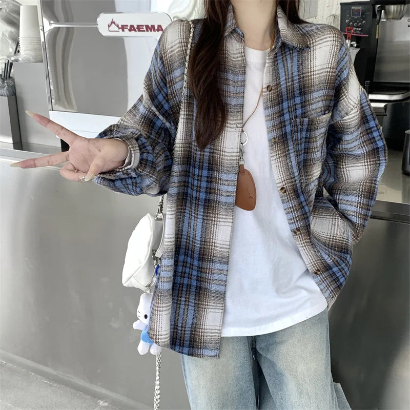 Zjaiss Women Thick Woolen Plaid Blouse Loose Long Sleeved Tops 2025 Autumn Winter New Casual Shirt Long Shirts