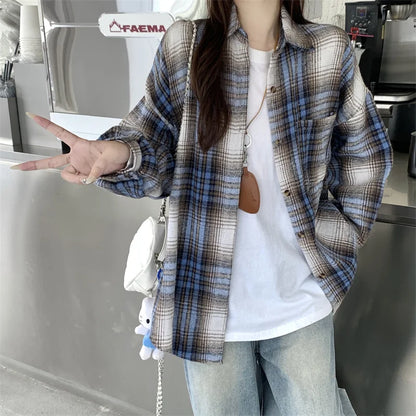 Zjaiss Women Thick Woolen Plaid Blouse Loose Long Sleeved Tops 2025 Autumn Winter New Casual Shirt Long Shirts