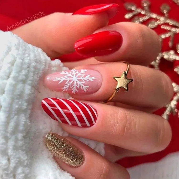 24Pcs Christmas Press on Nails White Snowflake  Fake Nails French Almond Glitter Artificial Nails Full Cover Nail New Year Gifts.