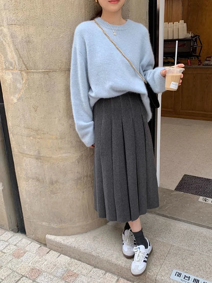 Thick Hepburn Style Woolen Pleated Skirt High Waist Slimming Casual Half Skirt Women Autumn Winter Unique Long Skirt