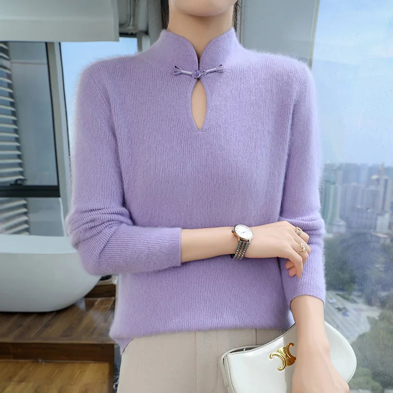 2024 autumn winter new 100% mink cashmere sweater women's pullover slim-fit long sleeve solid color stand collar bottom knitwear