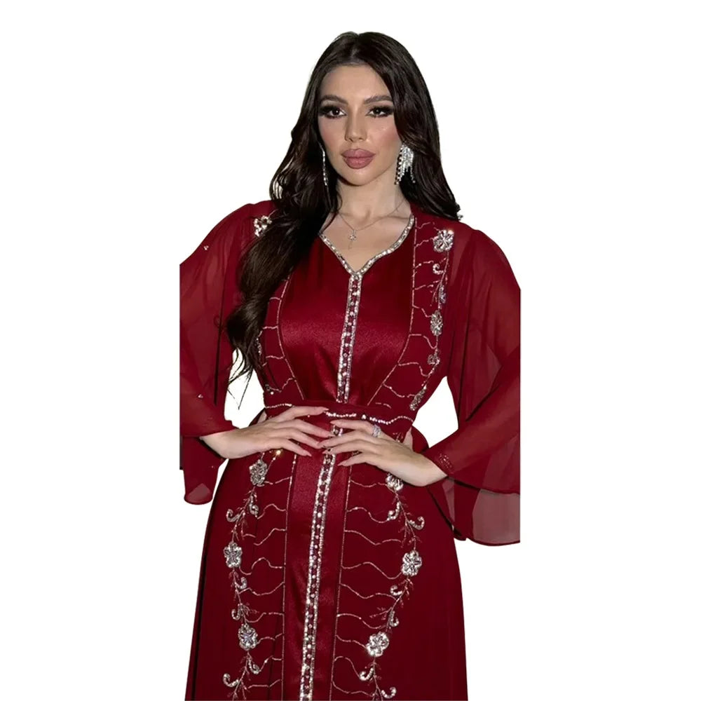 Autumn Fashion Muslim Dresses for Women Muslim Long Sleeve V-neck Party Evening Long Abay Dress Suit Inner and Abaya Outfits.