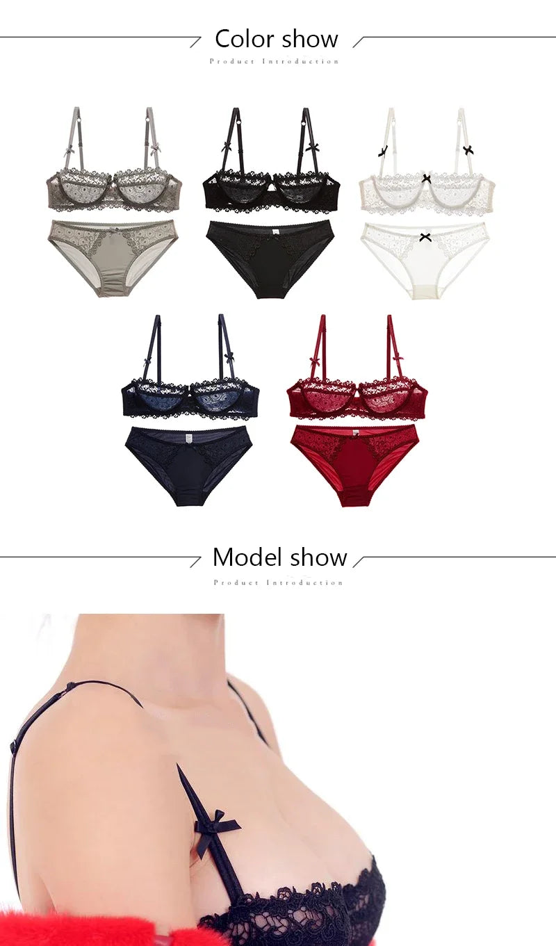 Plus Size Sexy Half Cup Lace Bra Sheer Mesh Unlined Bralette for Women A D Cup, Invisible Push Up Underwire Lingerie Set.