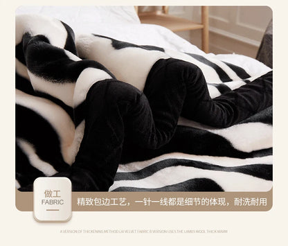 Nordic Style Zebra Print Coral Fleece Blanket Thickened Raschel Autumn Winter Blankets Double Layer Multi Purpose Plush Quilt
