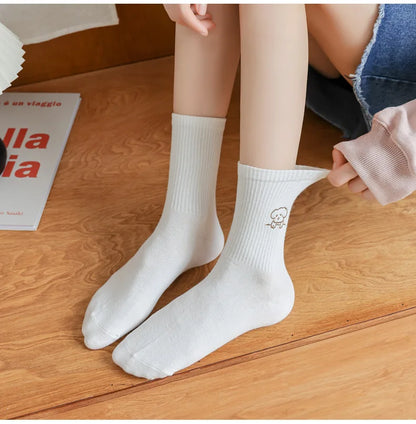 5 Pairs of White Women's Embroidered Socks for All Seasons Cotton Socks Mid-high Tube Student Cartoon Sports Socks.
