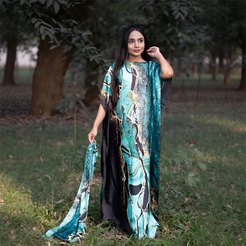 New Malaysian Muslim Print Dress Women Loose Arabic Long Maxi Dress Summer Sunscreen Cool Abaya Beach Hijab Dress Plus Size.