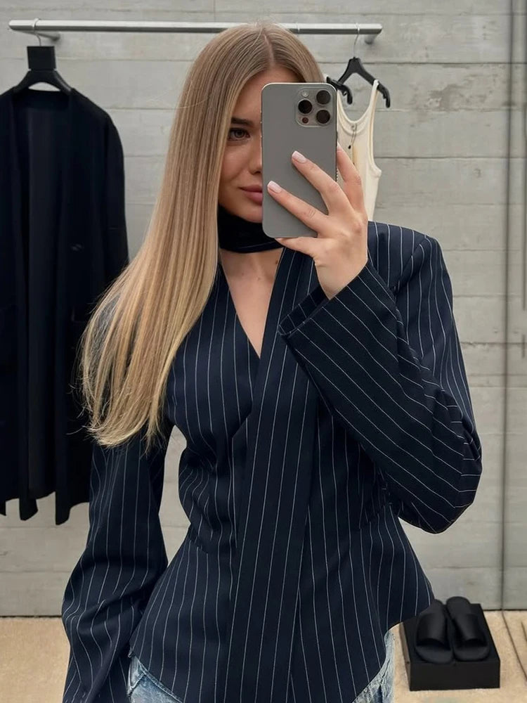 TARUXY Gestreiften Druck V-ausschnitt Band Anzug Mantel Für Frauen Langarm Tasten Büro Dame Top Elegante Weibliche Neue Blazer Outwear