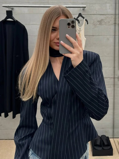 TARUXY Gestreiften Druck V-ausschnitt Band Anzug Mantel Für Frauen Langarm Tasten Büro Dame Top Elegante Weibliche Neue Blazer Outwear