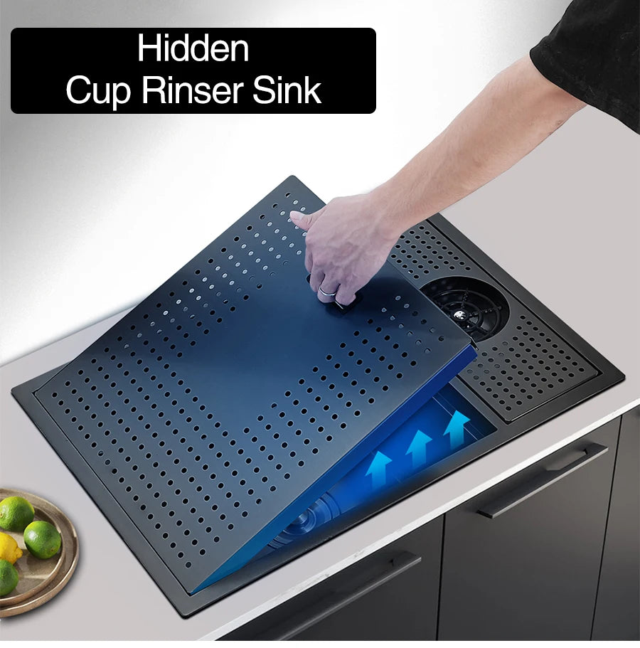 ASRAS Nano Black Small Size Kitchen Sink Cup Washer Hidden Bar Counter Cover Concealed Single Bowl Sinks With Lifting Faucet