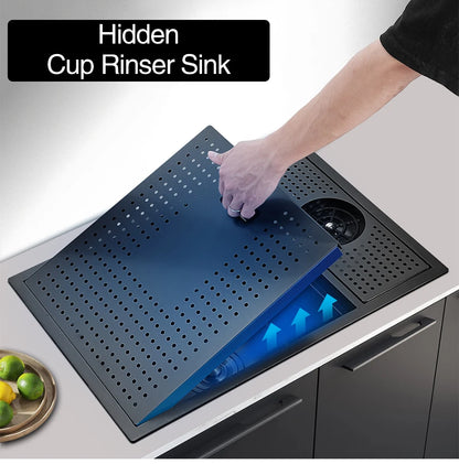 ASRAS Nano Black Small Size Kitchen Sink Cup Washer Hidden Bar Counter Cover Concealed Single Bowl Sinks With Lifting Faucet