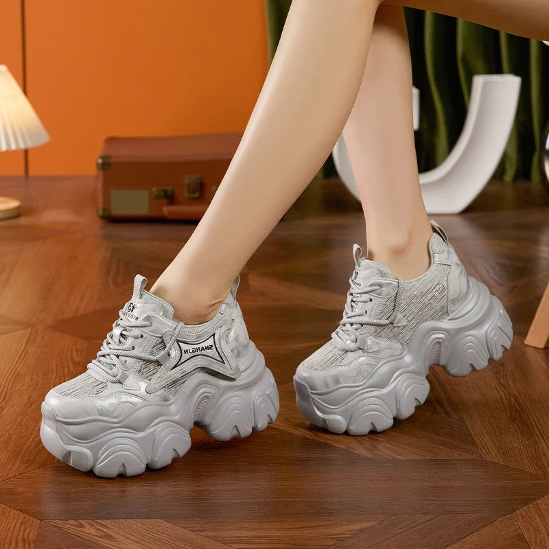 AUTUSPIN 10cm Pink Thick Soled Shoes for Summer Women Breathable Lace-up Ladies Sneakers Outdoor Casual Fashion Platform Shoes