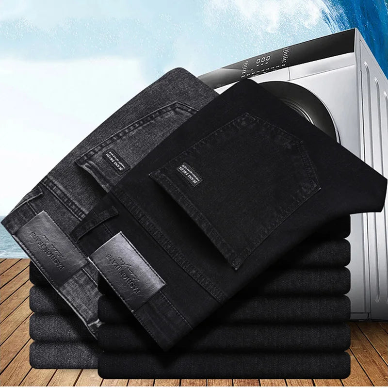 Men Business Denim Pants Male Classic Casual Straight Leg Slim Fit Trousers Elastic Solid Smoke Gray Pants.