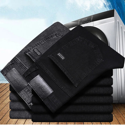 Men Business Denim Pants Male Classic Casual Straight Leg Slim Fit Trousers Elastic Solid Smoke Gray Pants.