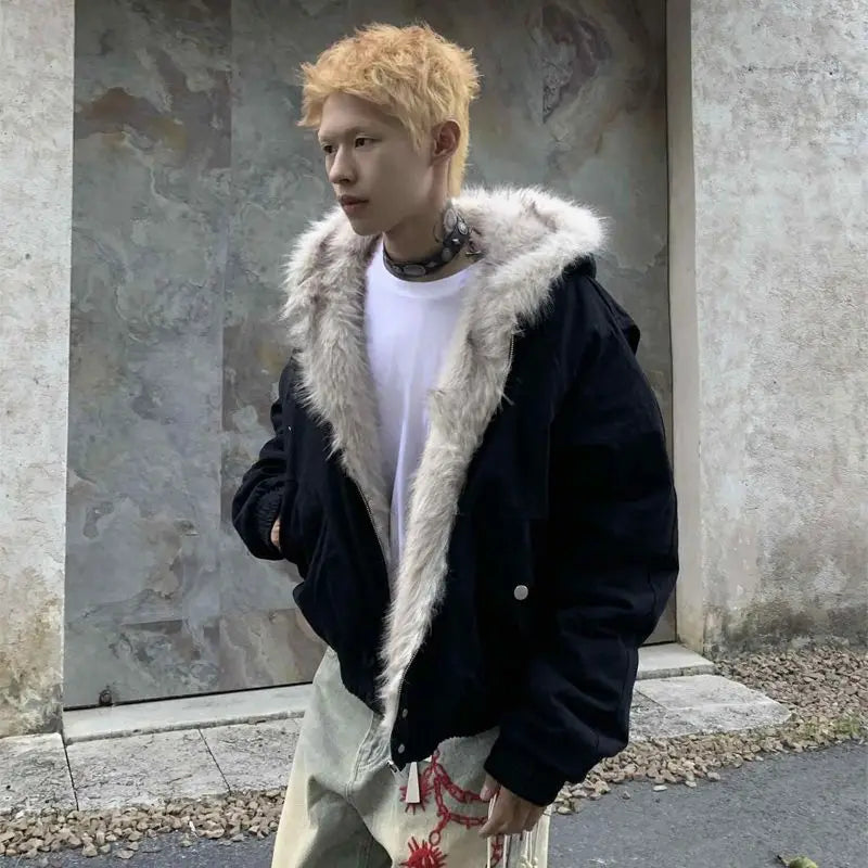 American Retro Woolen Collar Hooded Cotton Jacket Winter Thick Plush Top Men Street Hip-Hop Gothic Harajuku Oversize Jacket Coat.