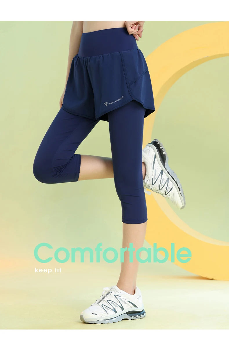 PHIGEER Women 2 in 1 Yoga Capri Pants Summer Lightweight Workout Tights With Pockets High Waist Running Gym Legging Activewears.