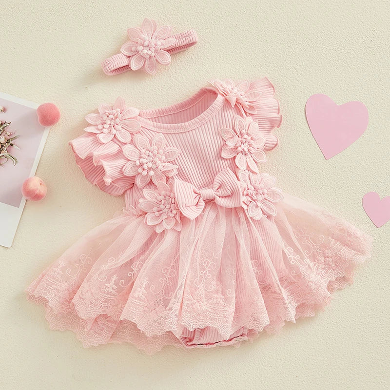 Visgogo Neugeborenen Baby Stram pler Kleid 2 Stück Outfits Mesh Spitze Patchwork Rüschen Bodysuit und Stirnband süße Sommerkleid ung.