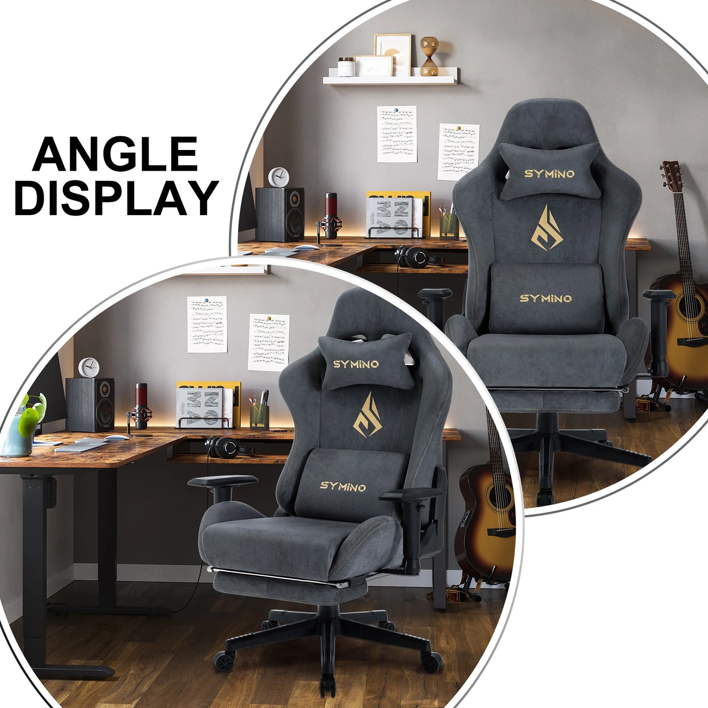 Symino Gaming-Stuhl, ergonomischer Gamer-Stuhl mit Fußstütze, atmungsaktiver PC-Stuhl mit verstellbarem Lendenkissen, Kopfstützenkissen