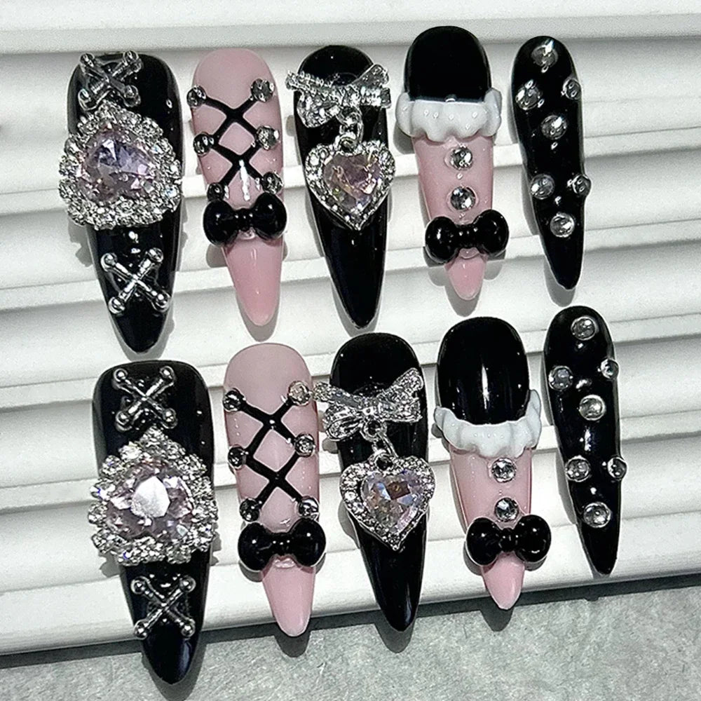 Black Pink Sweet French Almond Handmade Press On Nails Grid Polka Dot Love Skirt Ballet Fake Nails Princess Cute Bow Nail Art.