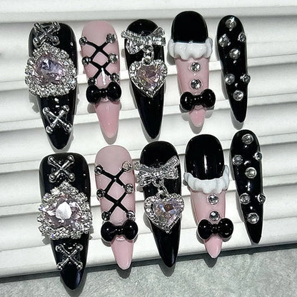 Black Pink Sweet French Almond Handmade Press On Nails Grid Polka Dot Love Skirt Ballet Fake Nails Princess Cute Bow Nail Art.