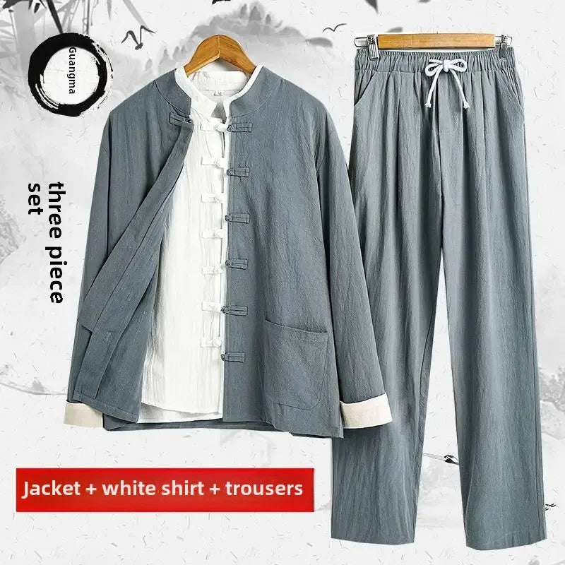 Traditional Chinese Men's Tang Suit Cotton Linen Ancient Costume Tea Servant Zen Meditation Clothing Middle Mountain Hanfu.