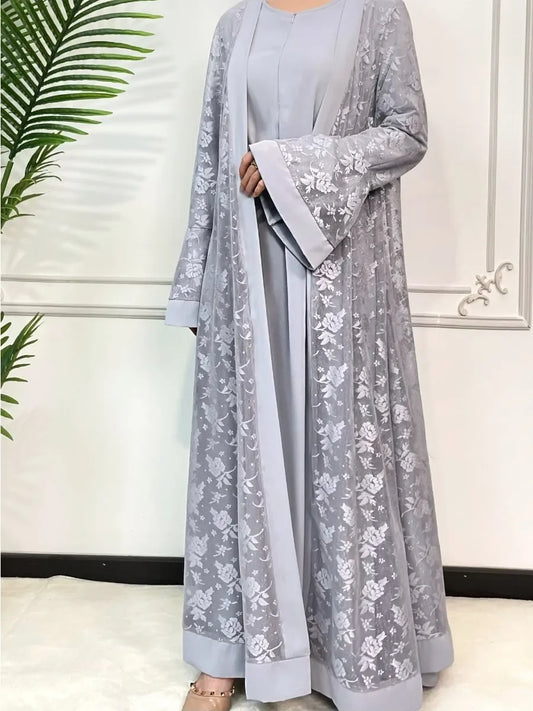 Ramadan Eid Prayer Lace Abaya 2 Piece Set Inner Dress Women Flare Sleeve Long Abayas Kaftan Djellaba Dubai Party Vestidos 2024.