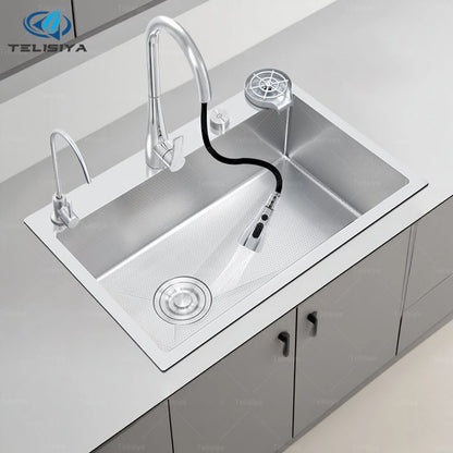 Stainless Steel Kitchen Sink Rice Grain Embossing Large Single Slot Household Wash Dish and Wash Vegetable Bowl Undermount Basin