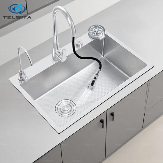 Stainless Steel Kitchen Sink Rice Grain Embossing Large Single Slot Household Wash Dish and Wash Vegetable Bowl Undermount Basin