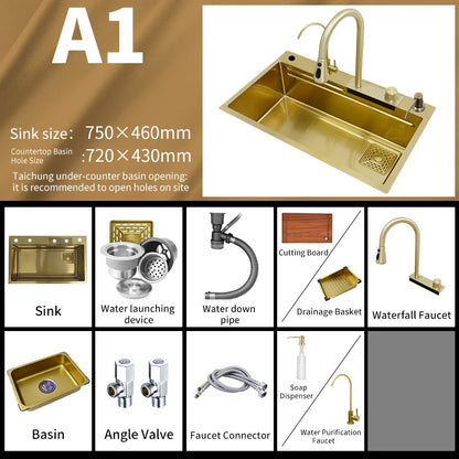 YCRAYS Golden Nano Multifunctional Kitchen Sink 4 Mode Waterfall Faucet Large Single Bowl Soap Dispenser Pure Tap Cup Washer