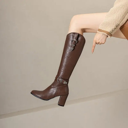 Girseaby British Style Women Knee High Boots Round Toe Block Heel 7.5cm Zipper Plus Size 51 52 Fashion Riding Bota.