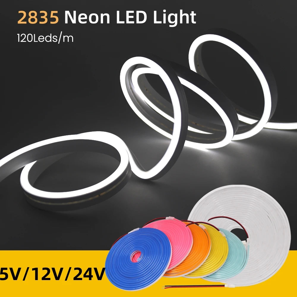 5V 12V 24V Neon LED Strip With 2Pin Wire 120LEDs/M IP67 Silicon Tube Bar Lamp Soft Flexible DIY Light Sign Rope 3000K-6500K.