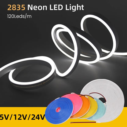 5V 12V 24V Neon LED Strip With 2Pin Wire 120LEDs/M IP67 Silicon Tube Bar Lamp Soft Flexible DIY Light Sign Rope 3000K-6500K.