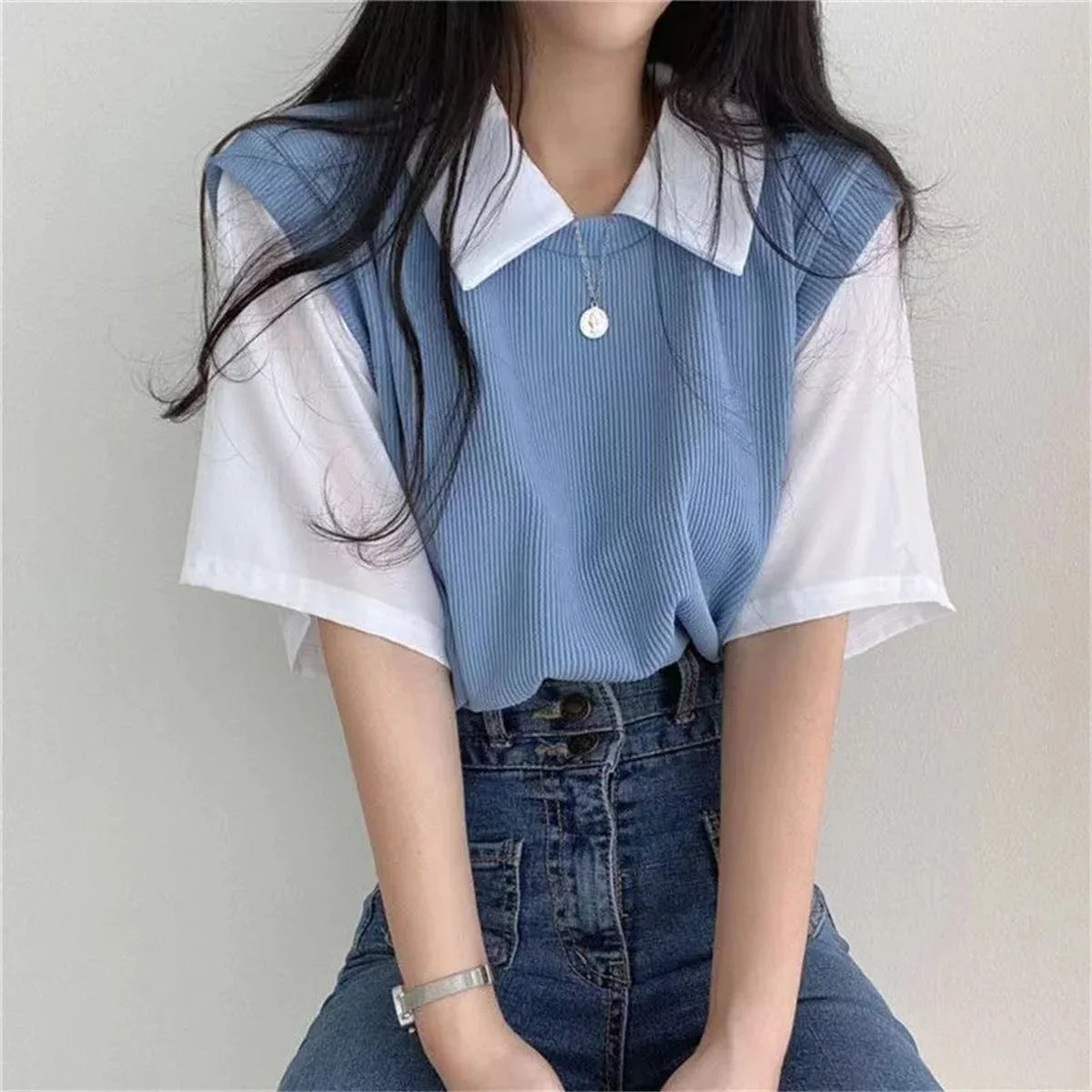 Summer Blouse Women Korean Style False Two-piece Polo Collar Blouses Y2k Tops Streetwear Loose Youth Pullovers Elegant Shirt.