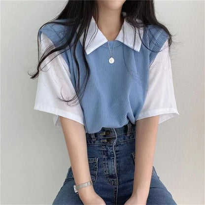 Summer Blouse Women Korean Style False Two-piece Polo Collar Blouses Y2k Tops Streetwear Loose Youth Pullovers Elegant Shirt.