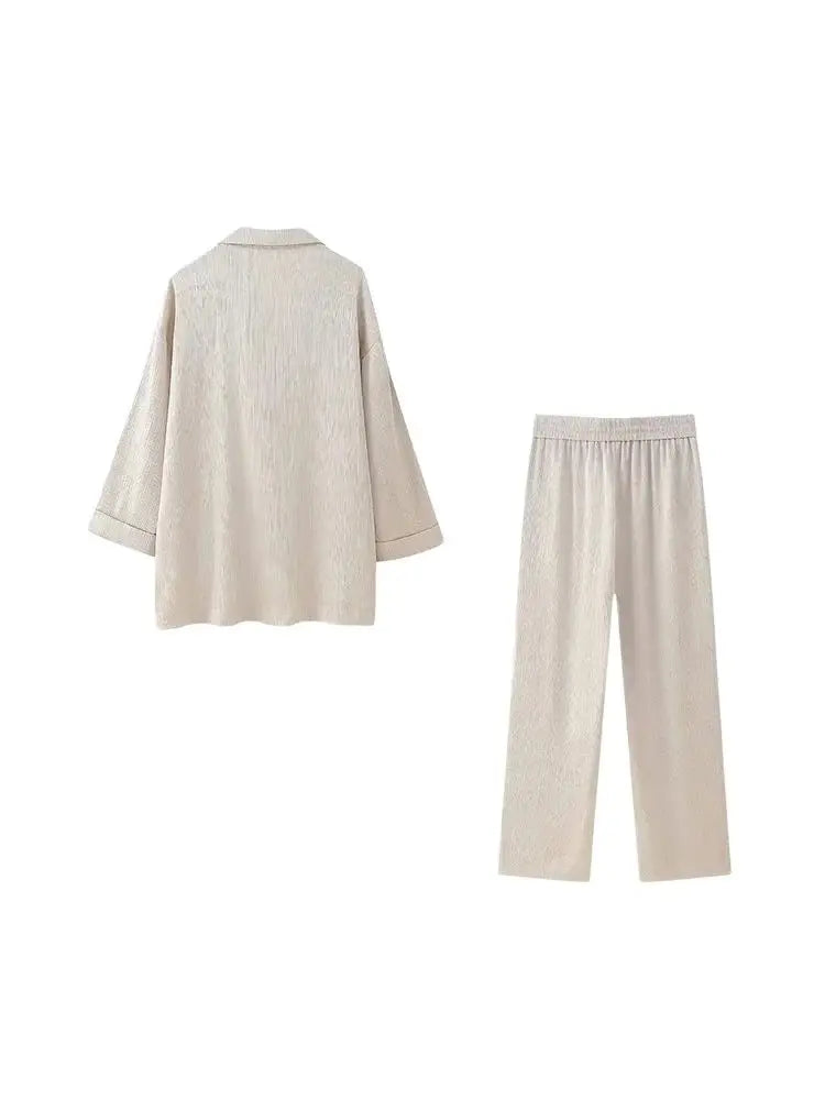 Women's Double-Breasted Loose Blazer Coat and High Elastic Waist Wide Leg Pants, Female Two Piece Sets, Fashion.