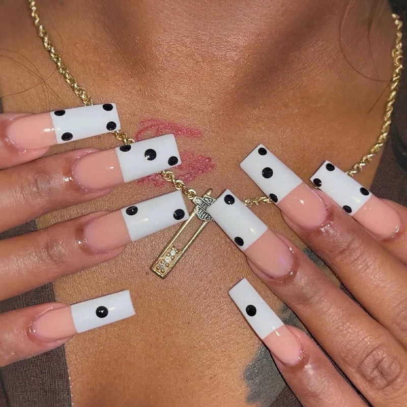 Mid-length Coffin Fake Nails 24Pcs White French Tip Ballerina Press On Nail Pink/White Flower Printed Spring/Summer DIY Manicure.