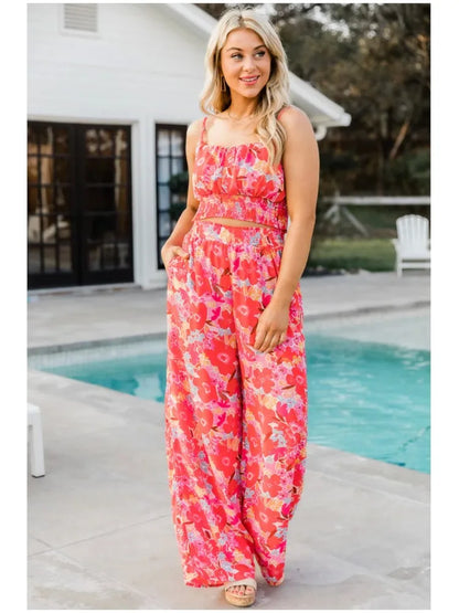 Women's Fashion Print Halter Sexy Short Top + Wide Leg Pant Suit Summer Casual Simple Sweet About Elegant Female Pant 2piece Set.