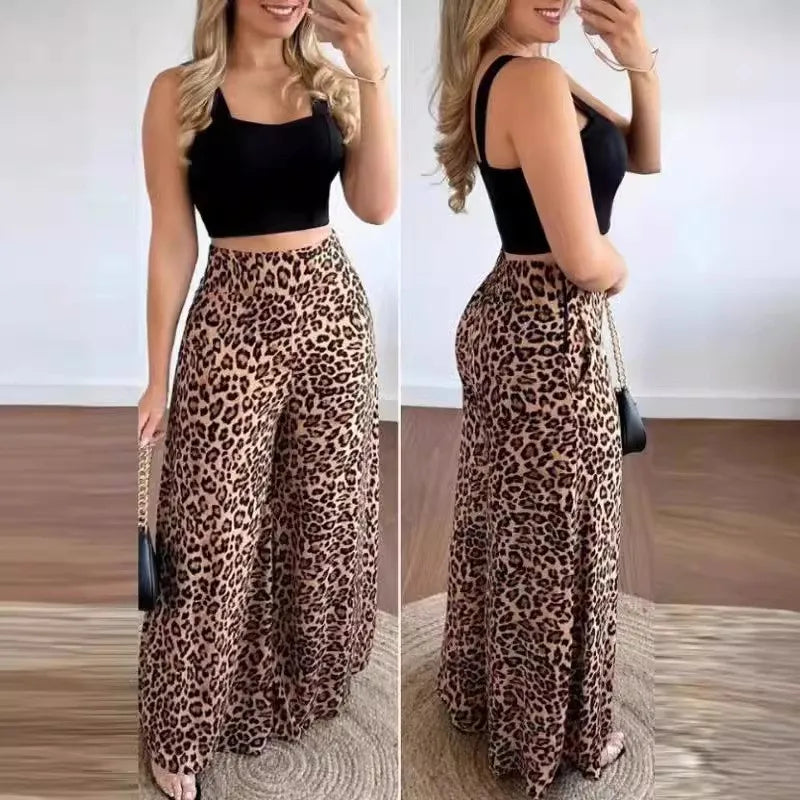 Women Two Piece Sets Outfits 2024 Summer Fashion Square Neck Sleeveless Crop Tank Top & Leopard Print Pocket Wide Leg Pants Set.