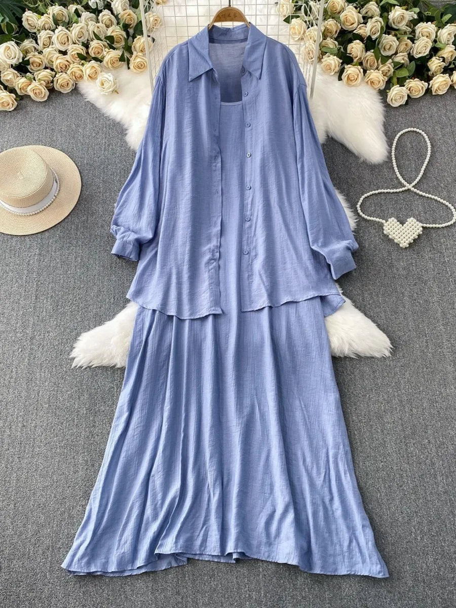 Muslim Women Shirt Dress Two Piece Set Solid Modest Suits Ramadan Musulman Ensemble Morocco Dubai Abayas Islam Outfits Jalabiya