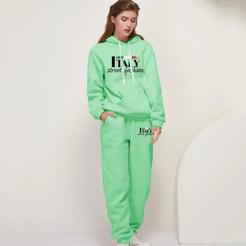 Womens Pants Suit Print Casual Hooded Sweatshirt Set Sports Jogging Woman Clothing AutumnWinter Office Home Tracksuit Street y2k.