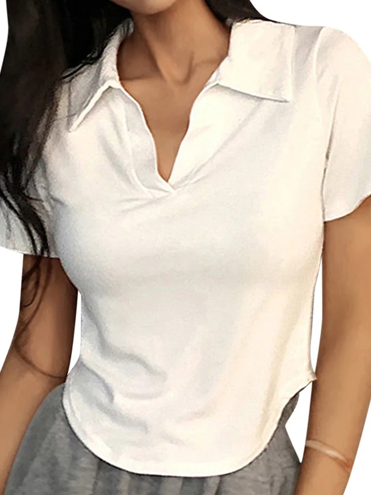 Summer Short Sleeve Lapel Top Women'S Solid V-Neck Pullovers Retro Sweet Shirts Hot Girl Crop Top Female Slim Versatile Tee.