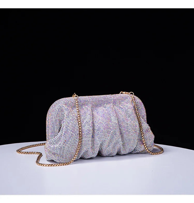 Premium Handmade Diamond-encrusted Clutch Bag Pleated Chain Rhinestone Cloud Clip Dinner Bag Single Shoulder Oblique Span Bolsos.