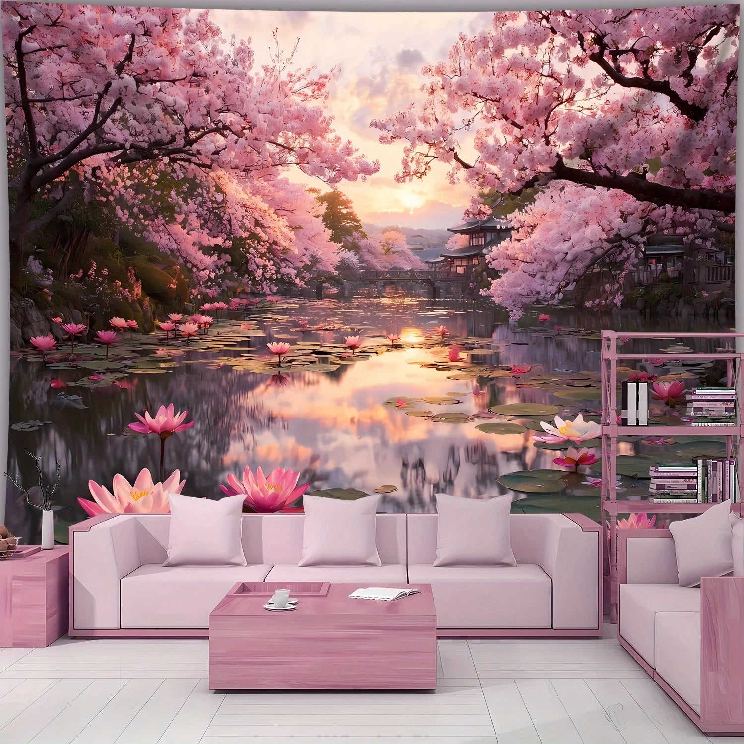 1pc Extra Large Japanese Cherry Blossom Sunset Tapestry - Pink Floral Lakeside Wall Hanging with Lotus Flowers, HD Printed Wrink.
